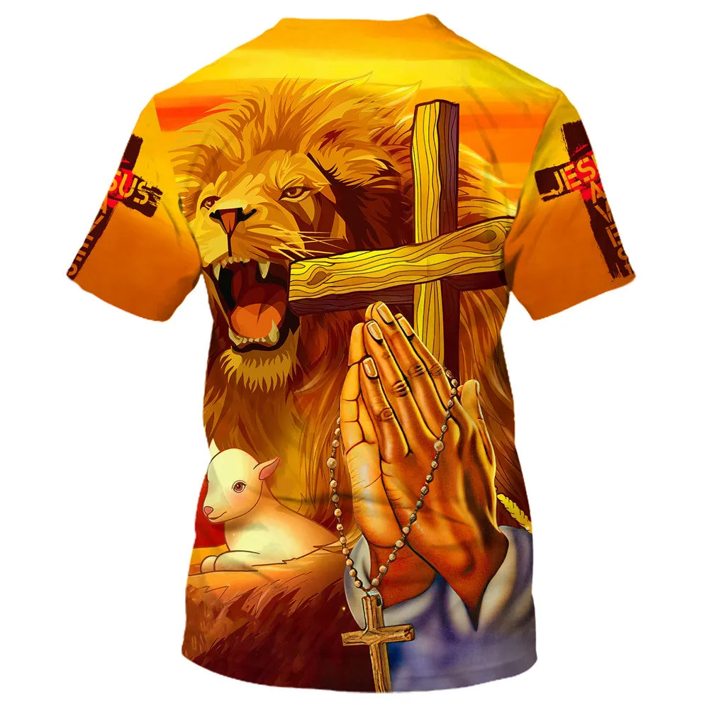 Hand Prayer Jesus Lion And The Lamb 3D All Over Printed Shirt for Men and Women