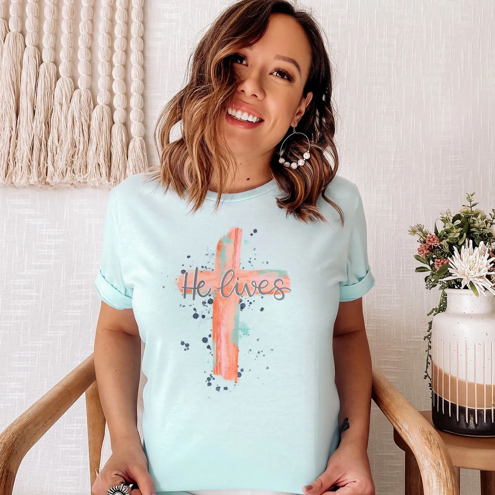 He lives Watercolor Cross Tee Shirts For Women - Christian Easter T Shirts