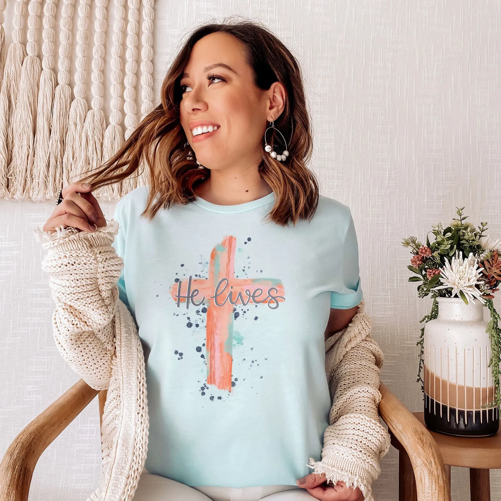 He lives Watercolor Cross Tee Shirts For Women - Christian Easter T Shirts