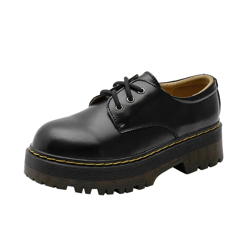 Hnzxzm Thick Sole Round Toe Small Leather Shoes Women's Genuine Leather Single Shoes Martin Shoes JK Uniform Shoes