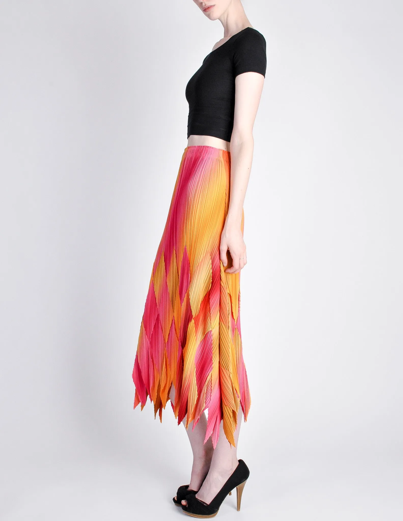 Issey Miyake Fète Vintage Pink and Yellow Harlequin Pleated Skirt