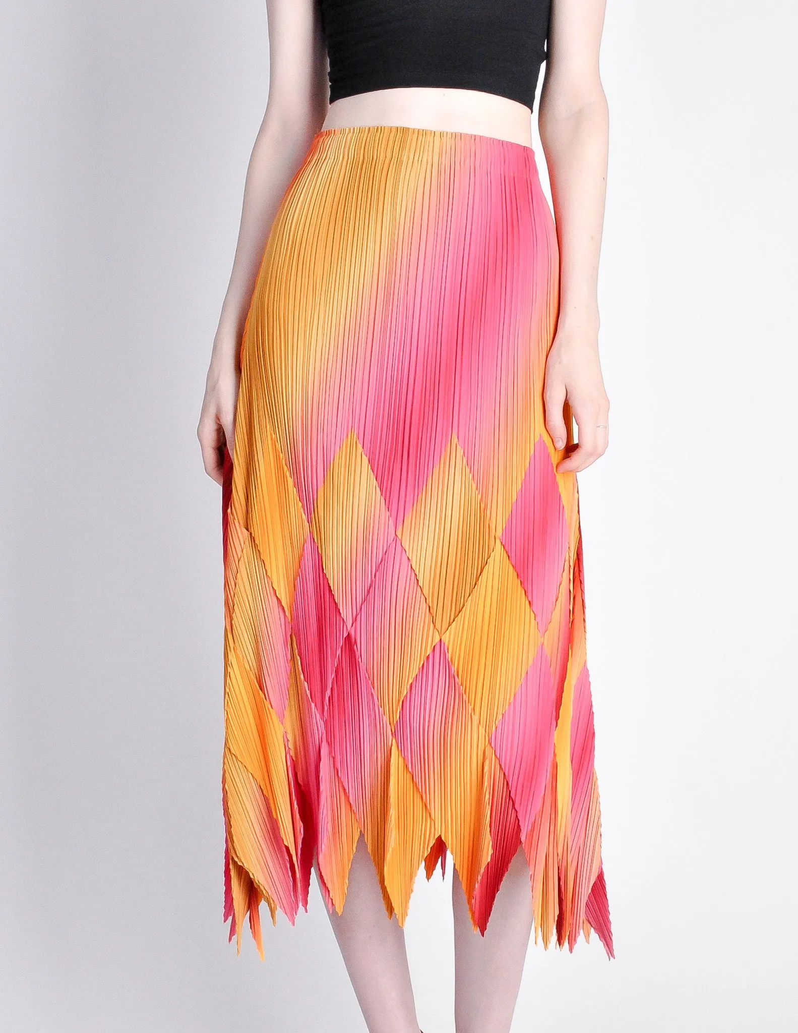 Issey Miyake Fète Vintage Pink and Yellow Harlequin Pleated Skirt