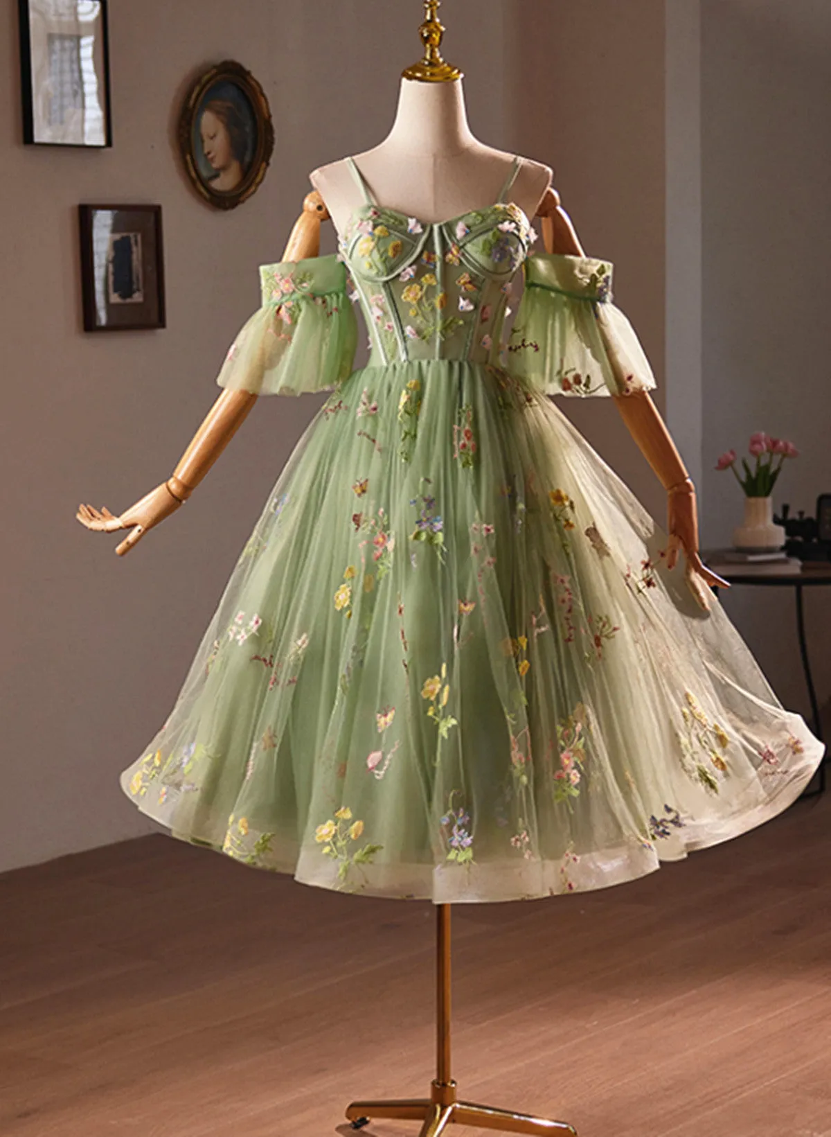 Lovely Light Green Sweetheart Tulle Floral Homecoming Dress, Green Short Prom Dress