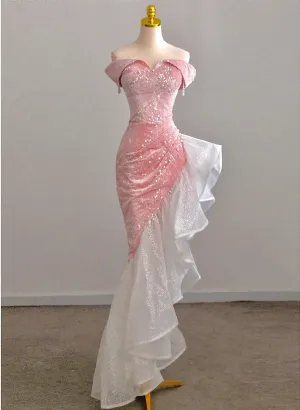 Lovely Pink Sequins Velvet High Low Prom Dress, Pink Mermaid Off the Shoulder Party Dress