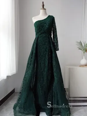 Luxury A-line Embroidery Beaded Dark Green Long Prom Dresses Modest Evening Dresses ASB019