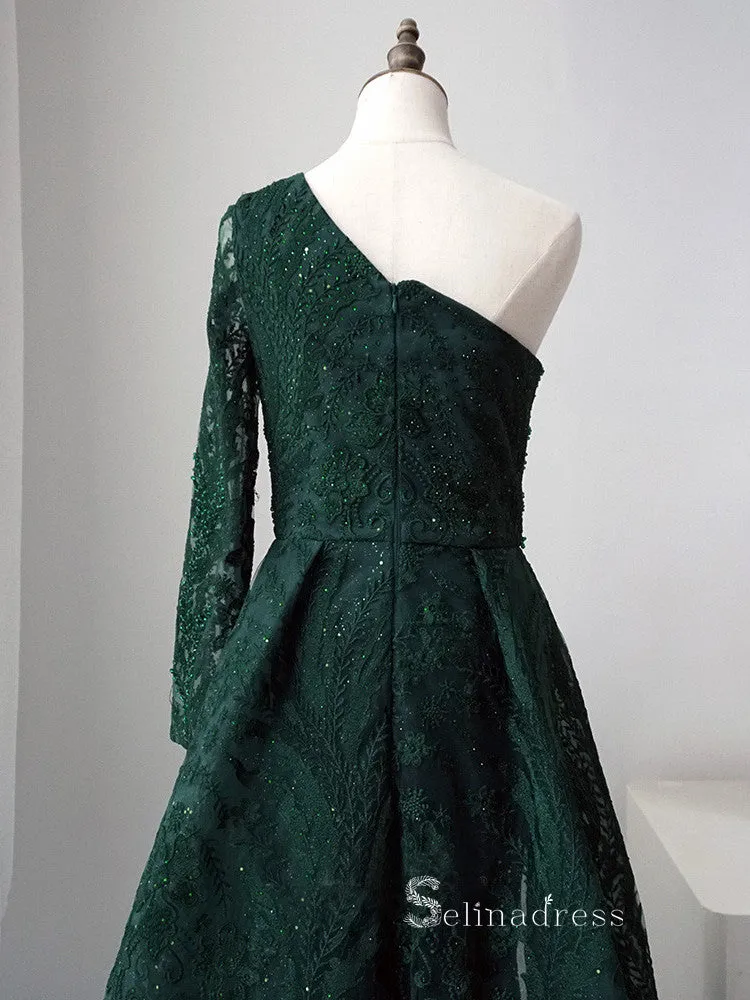 Luxury A-line Embroidery Beaded Dark Green Long Prom Dresses Modest Evening Dresses ASB019