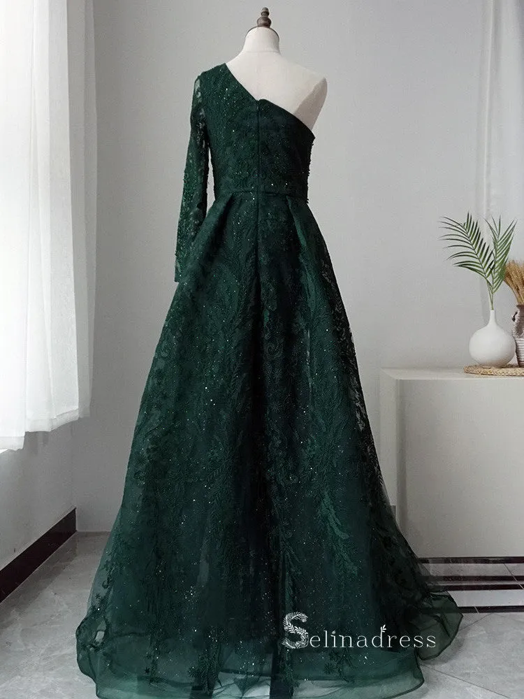 Luxury A-line Embroidery Beaded Dark Green Long Prom Dresses Modest Evening Dresses ASB019