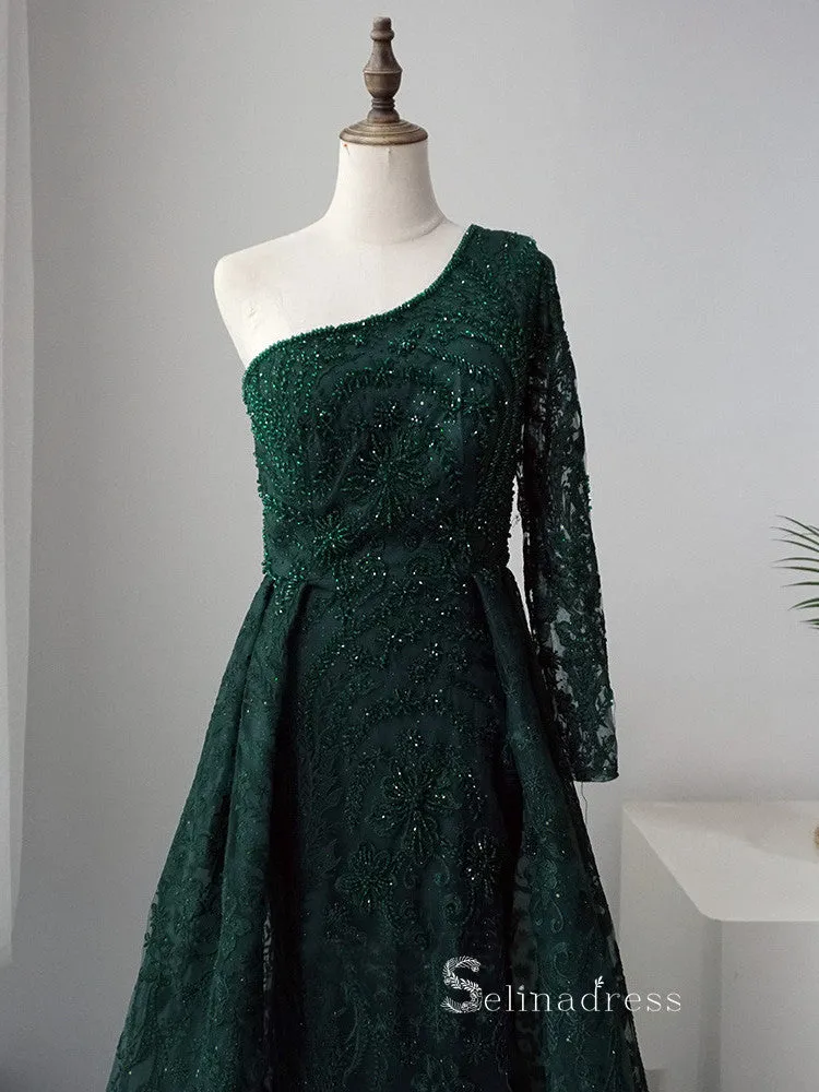 Luxury A-line Embroidery Beaded Dark Green Long Prom Dresses Modest Evening Dresses ASB019