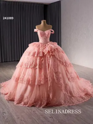 luxury Off-the-Shoulder Lace Quinceanera Dresses Pink Ball Gown Quinceañera Gown 241089