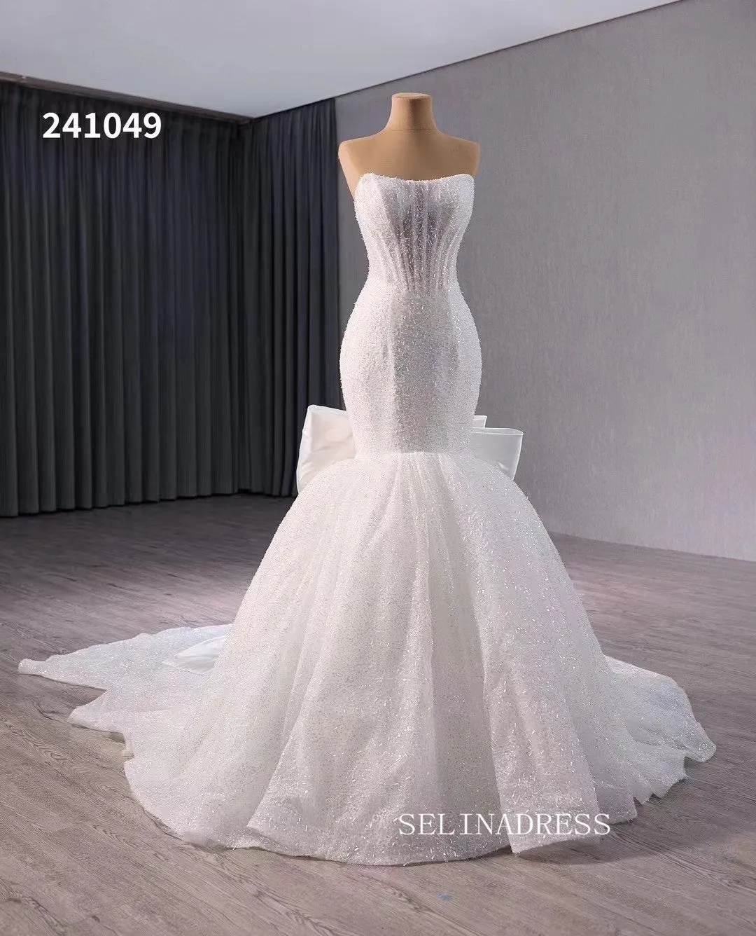 Luxury White Mermaid Wedding Dress Strapless Bridal Gowns With Bowknot 241049