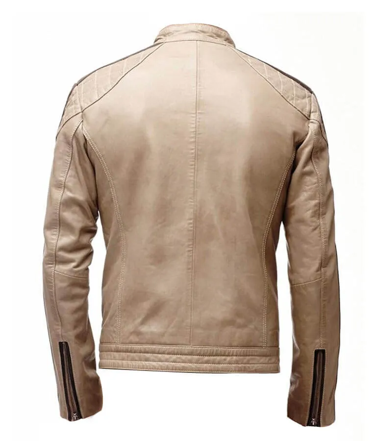 Mens Brown Stripped Beige Biker Leather Jacket