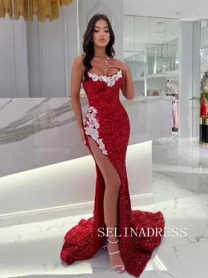 Mermaid Red Long Prom Dresses Strapless Shiny Sequins Thigh Split Evening Gowns TKH014