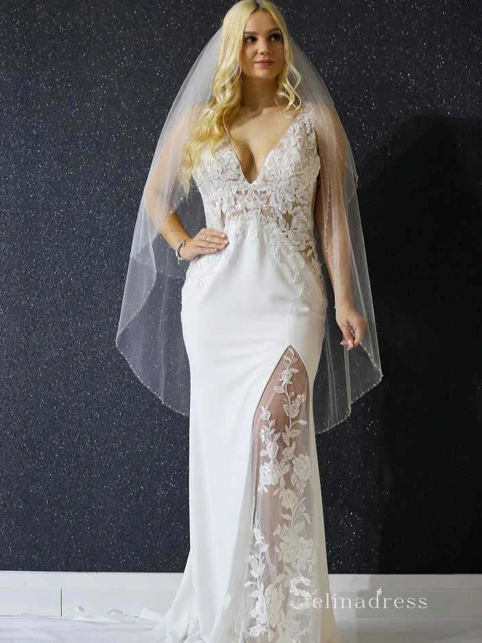 Mermaid V neck See Through Wedding Dress Thigh Split Rustic Satin Wedding Formal Dress RYU019