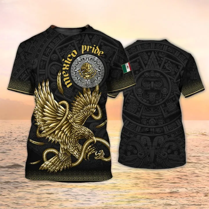 Mexico Pride T Shirt Men Aztec Shirts, Gold Eagle Mexican Shirt For Him