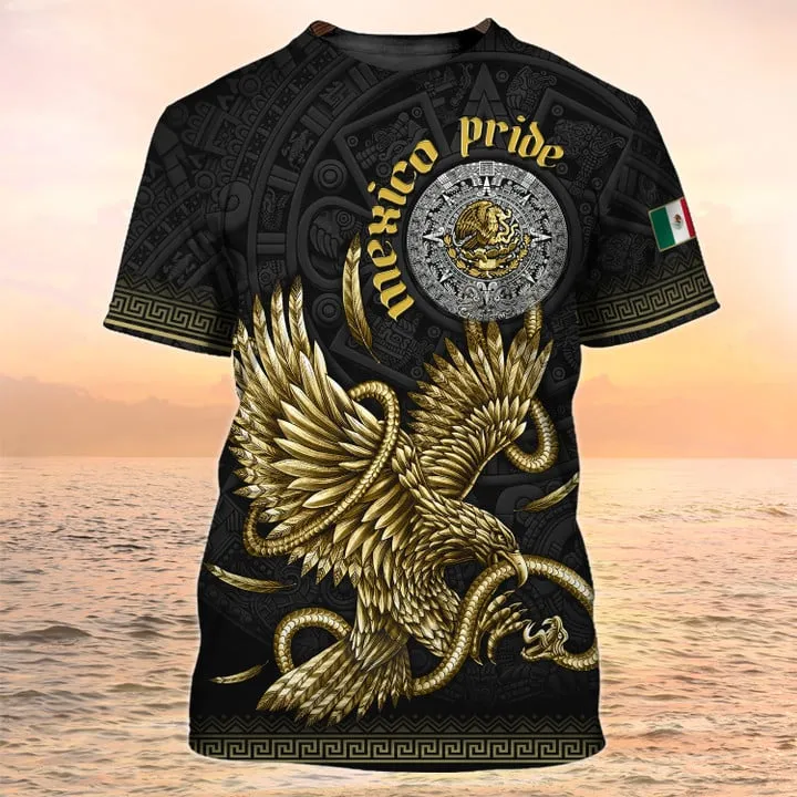 Mexico Pride T Shirt Men Aztec Shirts, Gold Eagle Mexican Shirt For Him