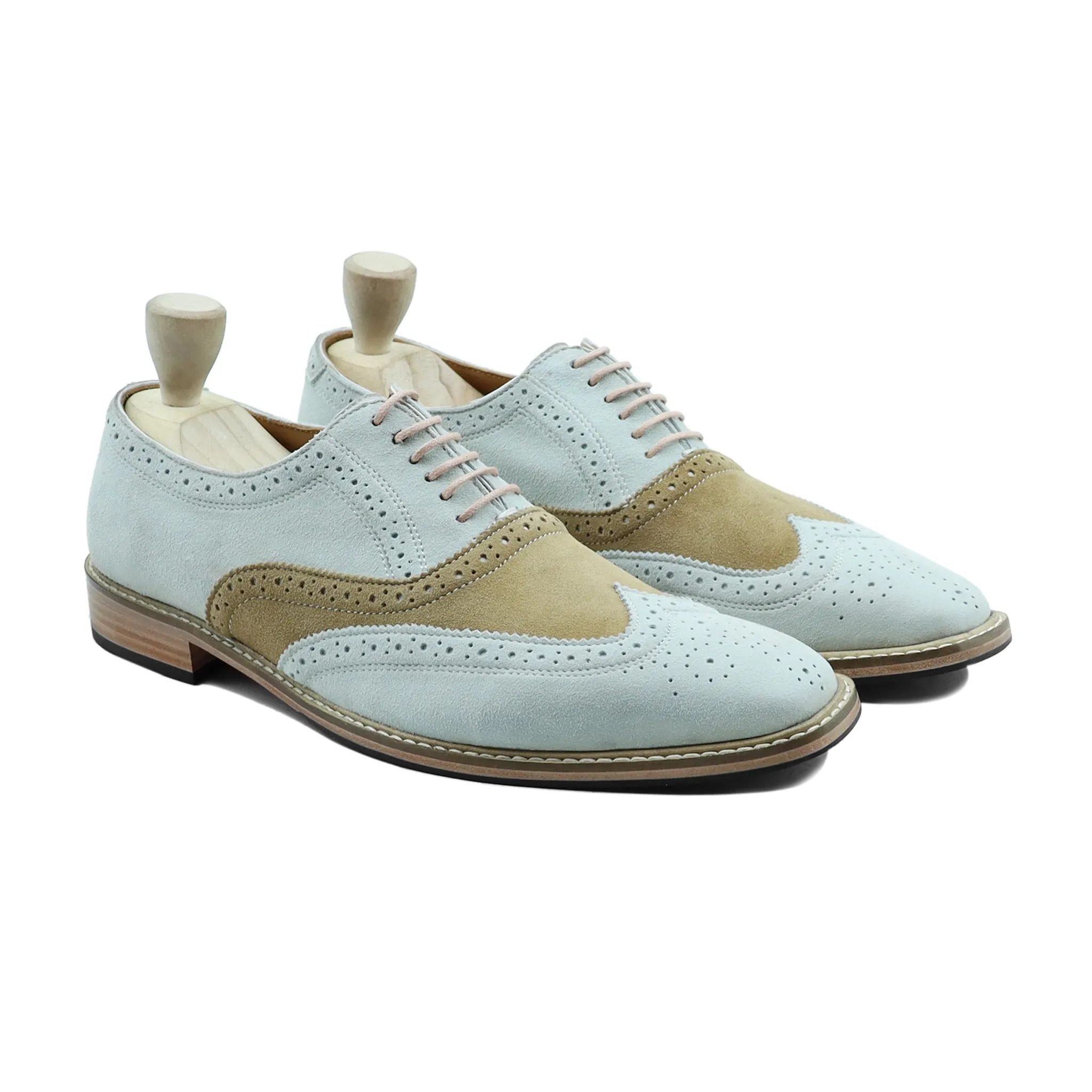 Oxnard - Men's White and Camel Kid Suede Oxford Shoe