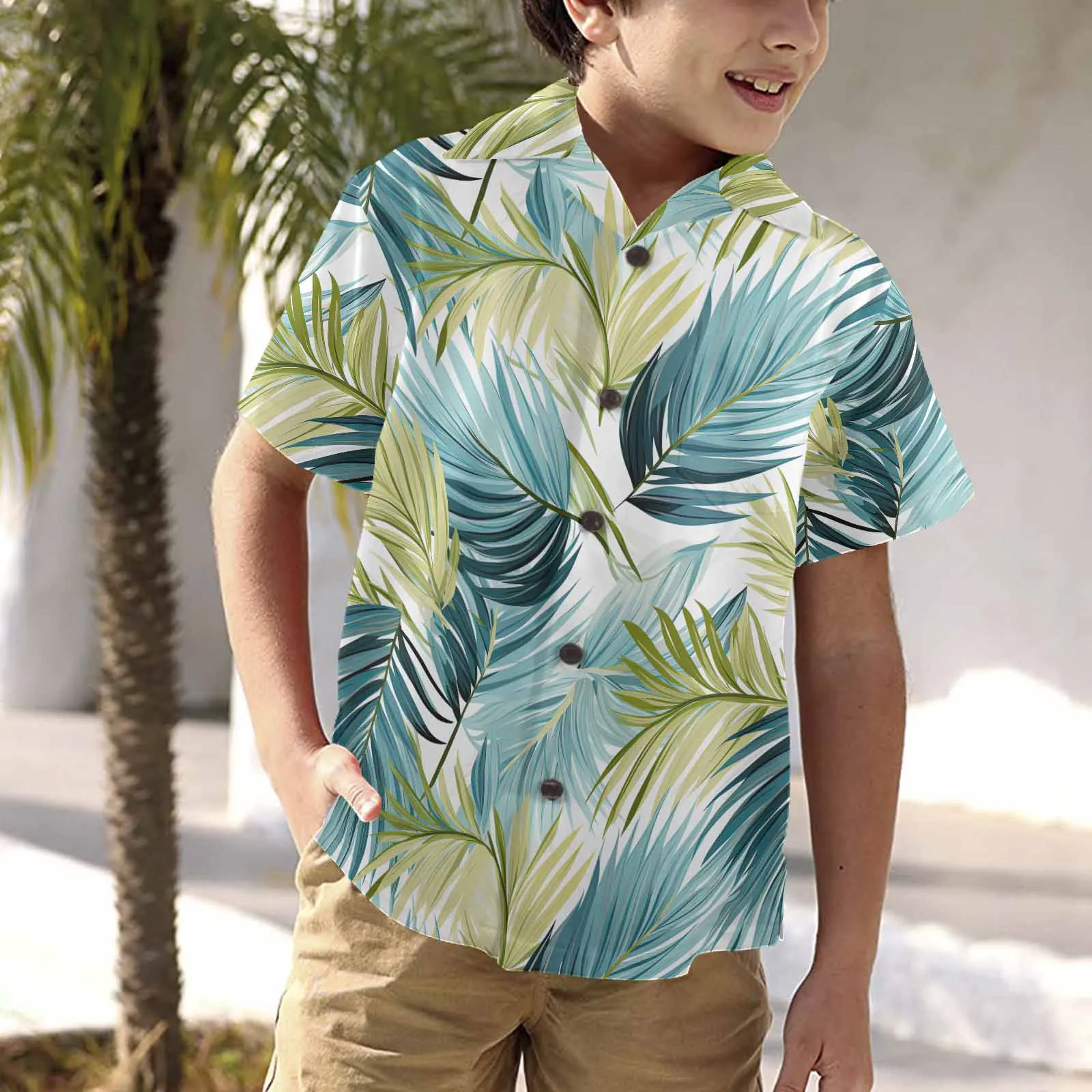 Palm Leaves Blue Green  Little Boys Hawaiian Shirt