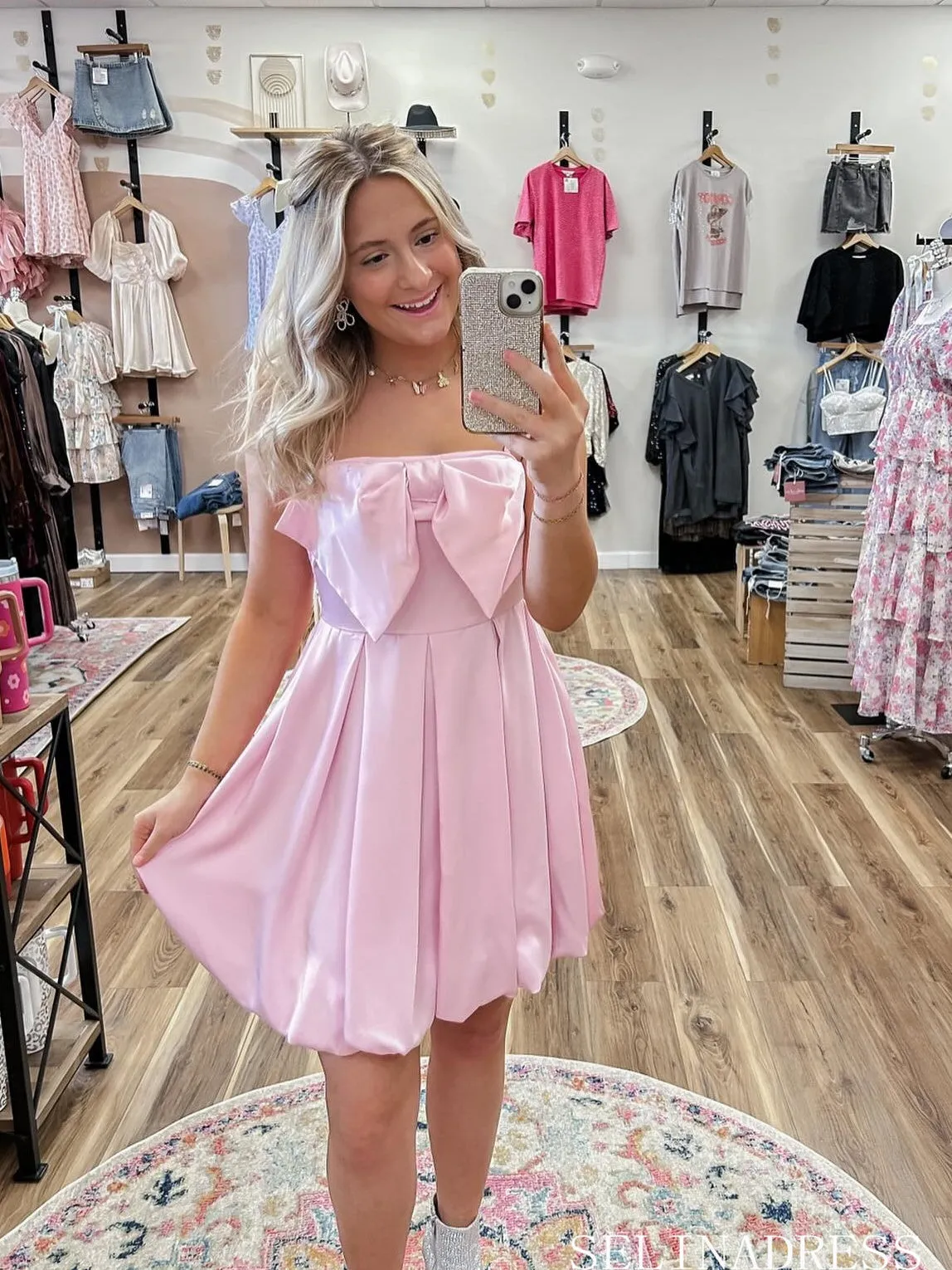 Pink Cute Homecoming Dress A-line Spaghetti Straps Short Prom Dress EWR387