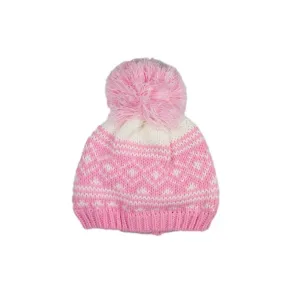 Pom Pom Beanie Hat Fairisle Pattern Pink (6-18mths)