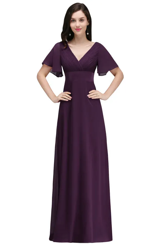 Puffy Sleeves Chiffon Aline Bridesmaid Dresses V-Neck Floor Length Formal Dress