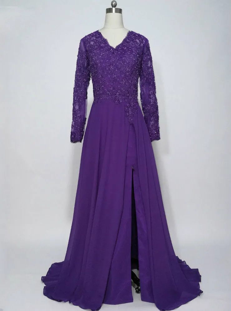 Purple Chiffon Long Sleeves Appliques Mother of the Bride Dresses