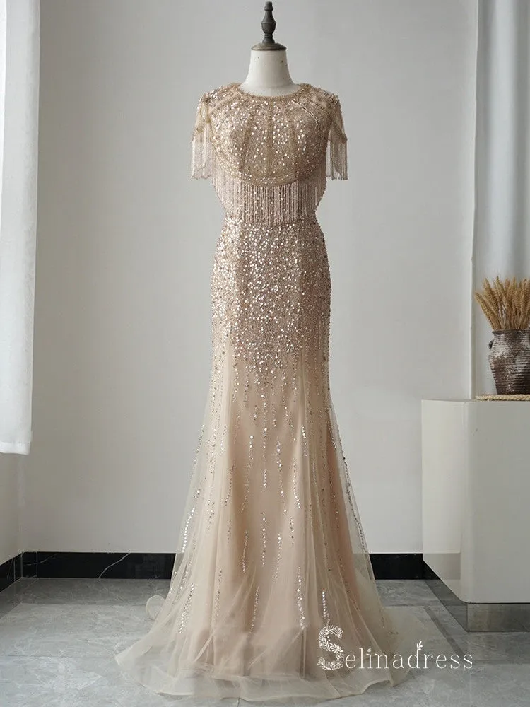 Selinadres Scoop Beaded Long Prom Dress Dubai Evening Formal Gown CBD008