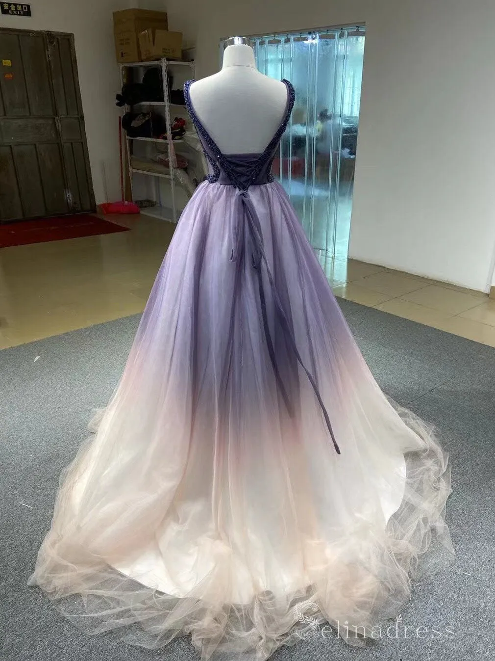 Selinadress A line Luxury Ombre Prom Dress Gorgeous Evening Gowns DHW6990