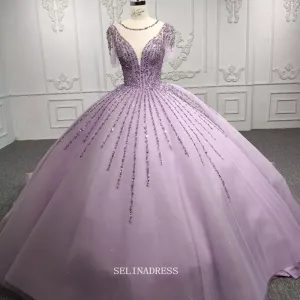 Short Sleeve Lilac Princess Dress Ball Gown Beaded Prom Dress Pageant Dress DY9919