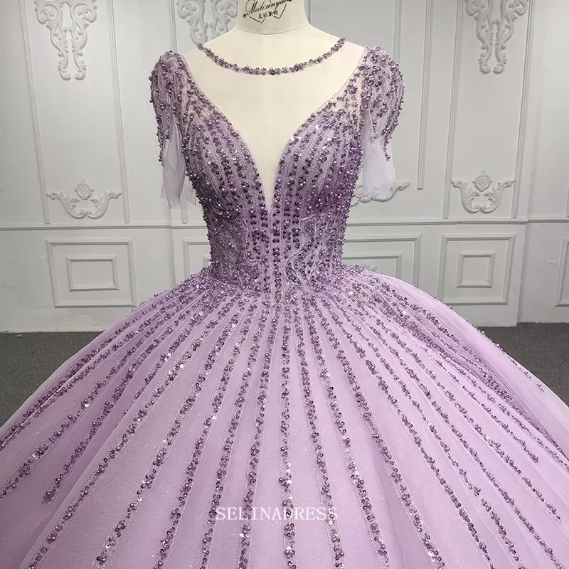 Short Sleeve Lilac Princess Dress Ball Gown Beaded Prom Dress Pageant Dress DY9919