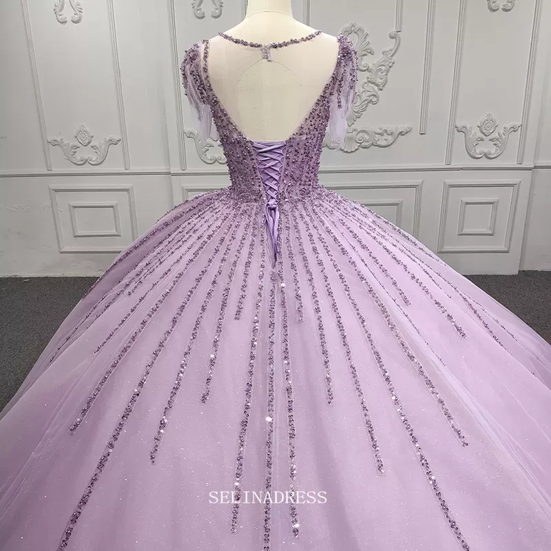 Short Sleeve Lilac Princess Dress Ball Gown Beaded Prom Dress Pageant Dress DY9919