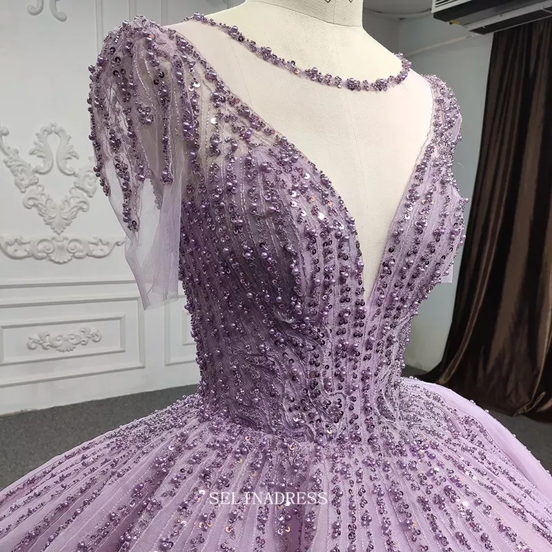 Short Sleeve Lilac Princess Dress Ball Gown Beaded Prom Dress Pageant Dress DY9919