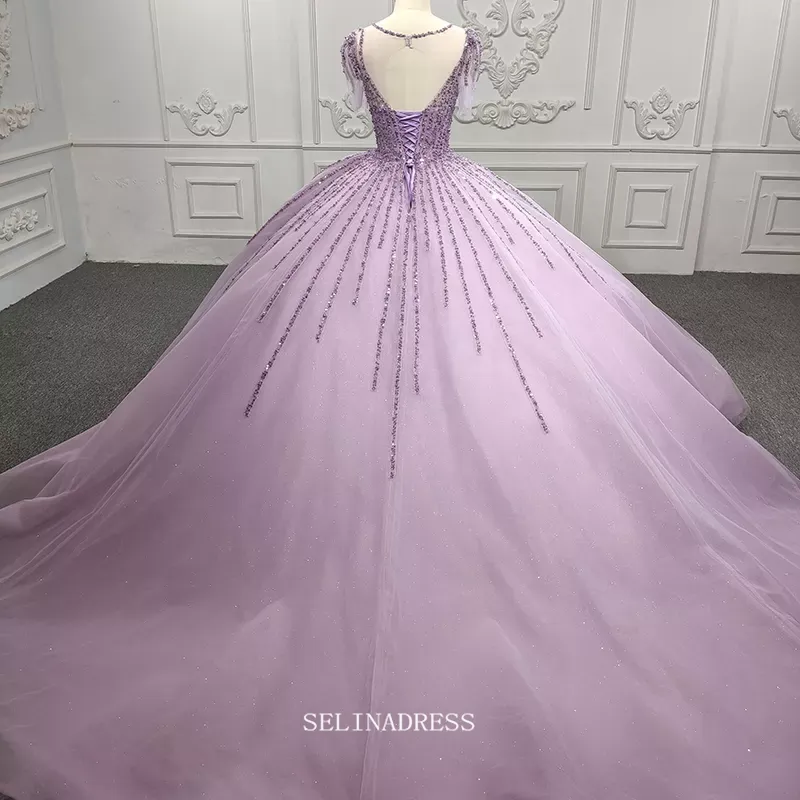 Short Sleeve Lilac Princess Dress Ball Gown Beaded Prom Dress Pageant Dress DY9919