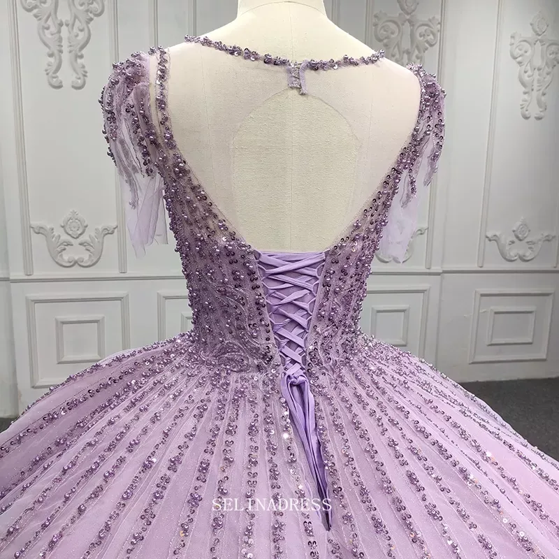 Short Sleeve Lilac Princess Dress Ball Gown Beaded Prom Dress Pageant Dress DY9919