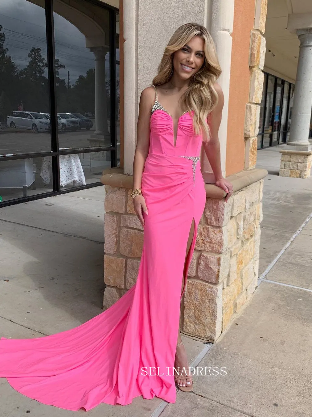 Spaghetti Straps Hot Pink Mermaid Long Prom Dresses With Slit sew1011