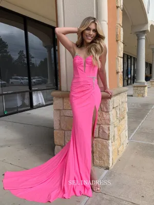 Spaghetti Straps Hot Pink Mermaid Long Prom Dresses With Slit sew1011