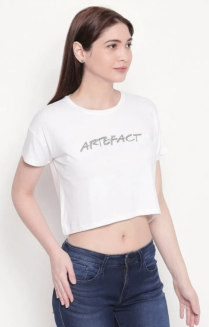 Spykar Women White Viscose Slim Fit Round Neck Crop T-Shirt