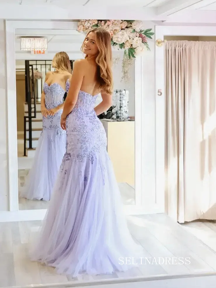 Strapless Mermaid Lace Lavender Tulle Long Prom Dresses LPK222