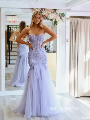 Strapless Mermaid Lace Lavender Tulle Long Prom Dresses LPK222