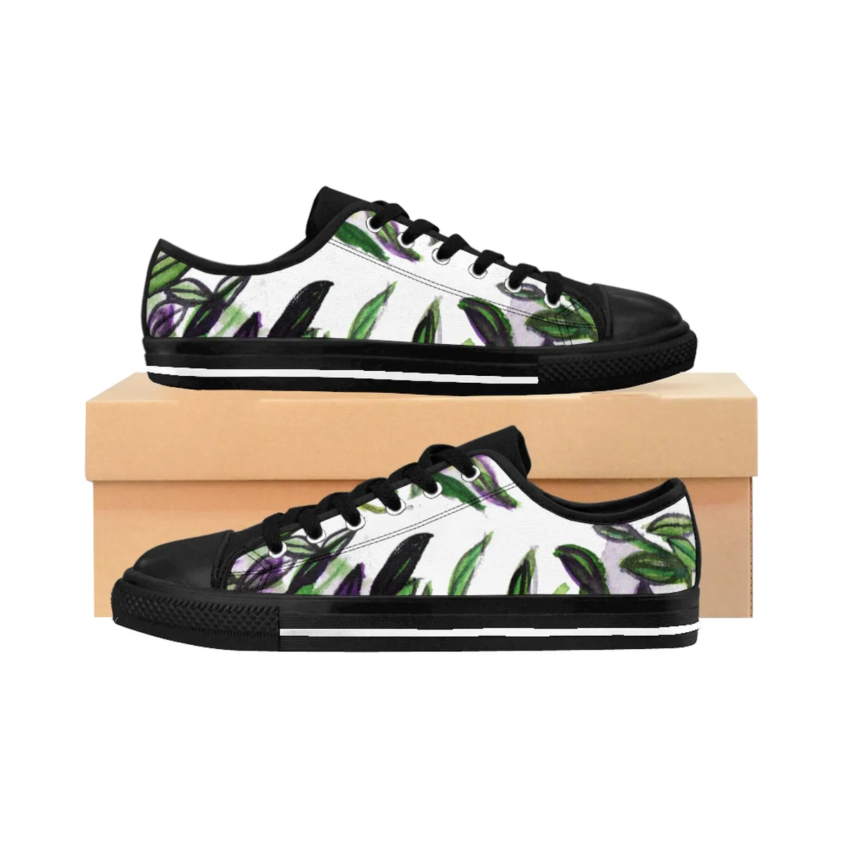 Tropical Ladies Sneakers, Green Tropical Leaves Print Low Top Women's Sneakers Shoes