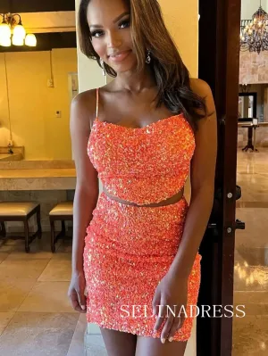 Two Piece Orange Sequin Short Homecoming Dress Cocktail Dresses #TKL0189