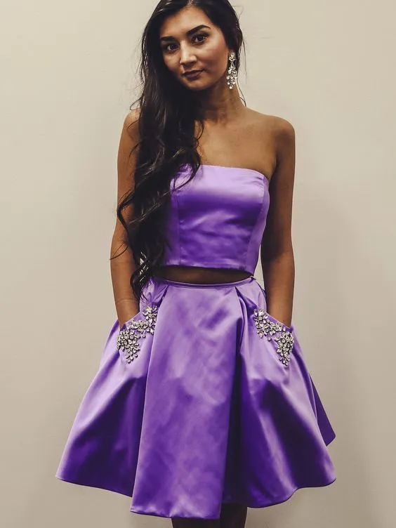 Two Piece Short Prom Dress With Pocket Lilac Homecoming Dress kts093