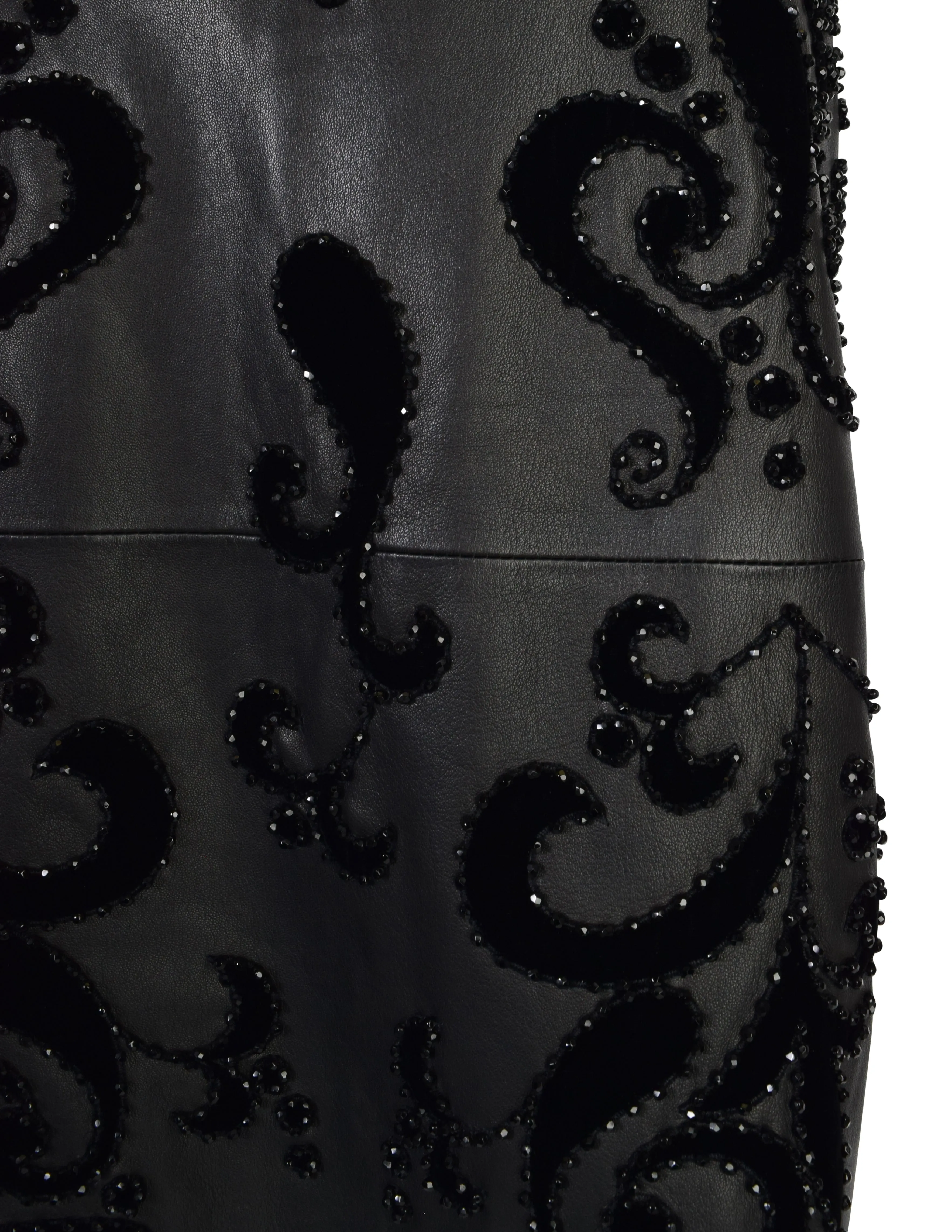 Valentino Vintage 1985 Black Leather Velvet Beaded Applique Skirt