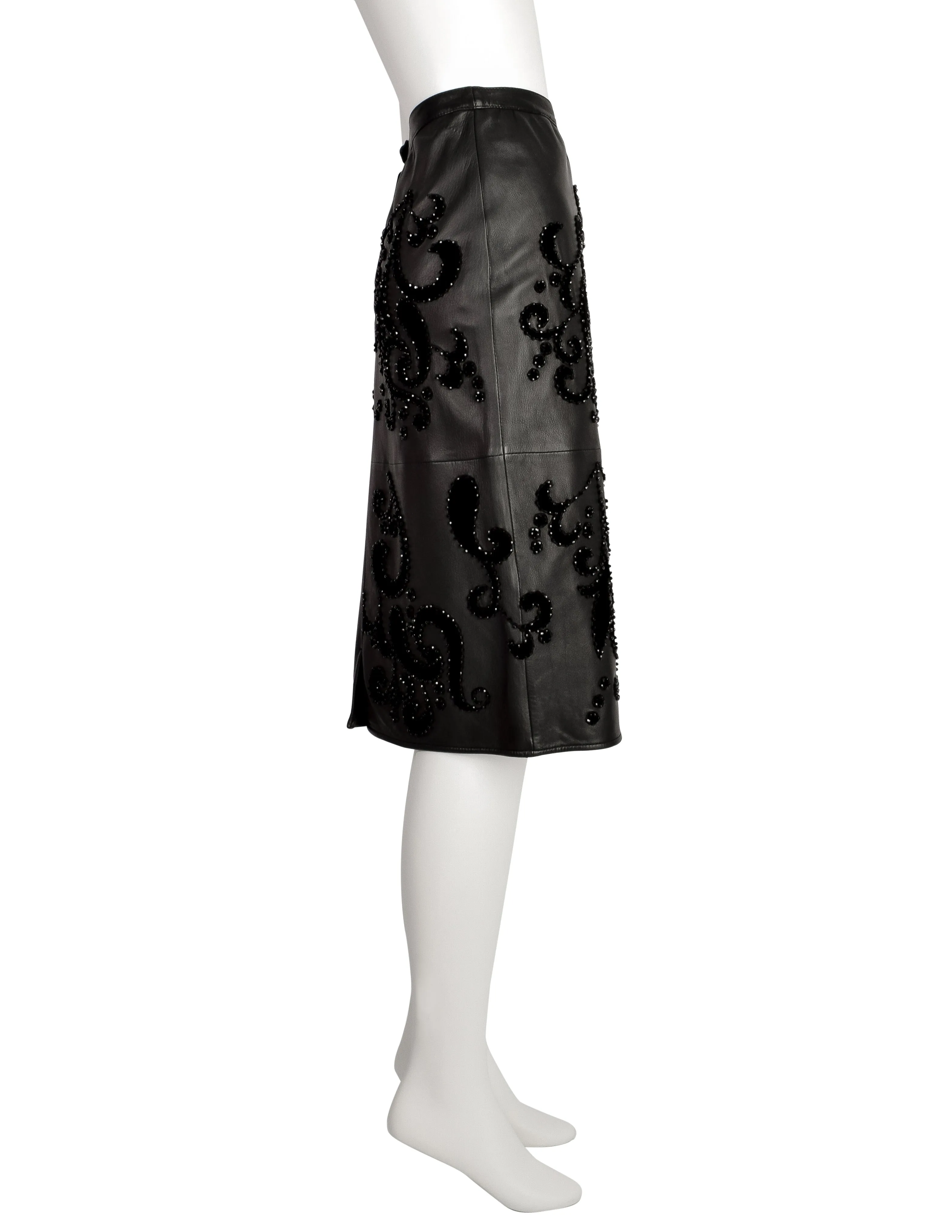 Valentino Vintage 1985 Black Leather Velvet Beaded Applique Skirt