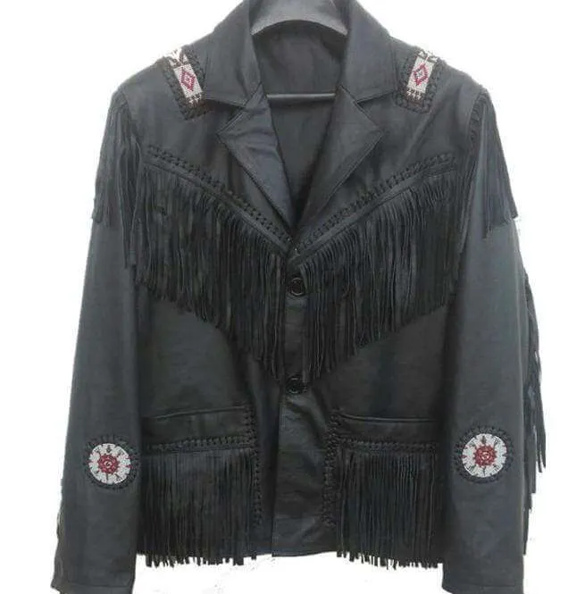 Western Leather Jacket, Black Cowboy Leather Fringe Jacket