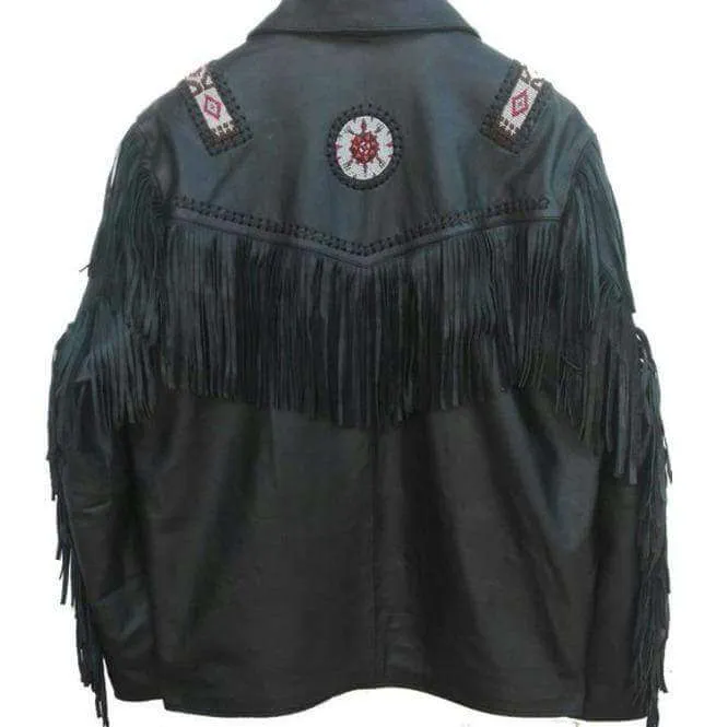 Western Leather Jacket, Black Cowboy Leather Fringe Jacket