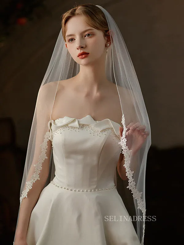 White Simple Layer Lace Wedding Veils ALC021