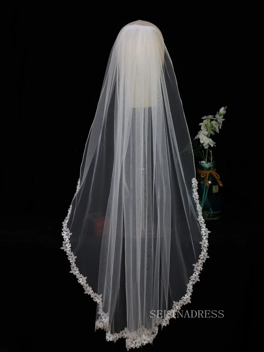 White Simple Layer Lace Wedding Veils ALC021