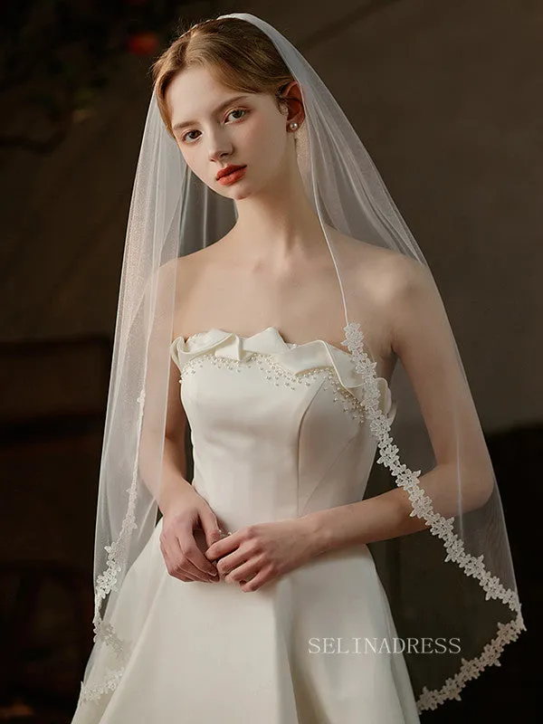 White Simple Layer Lace Wedding Veils ALC021