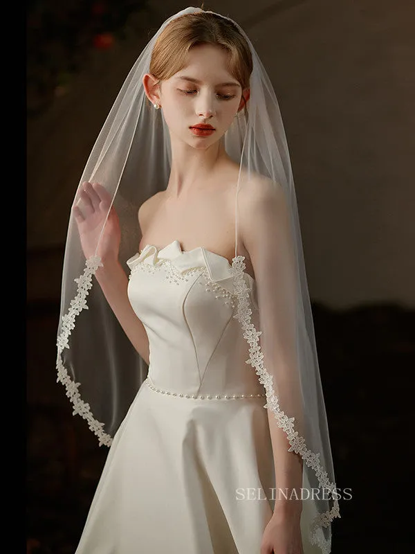 White Simple Layer Lace Wedding Veils ALC021