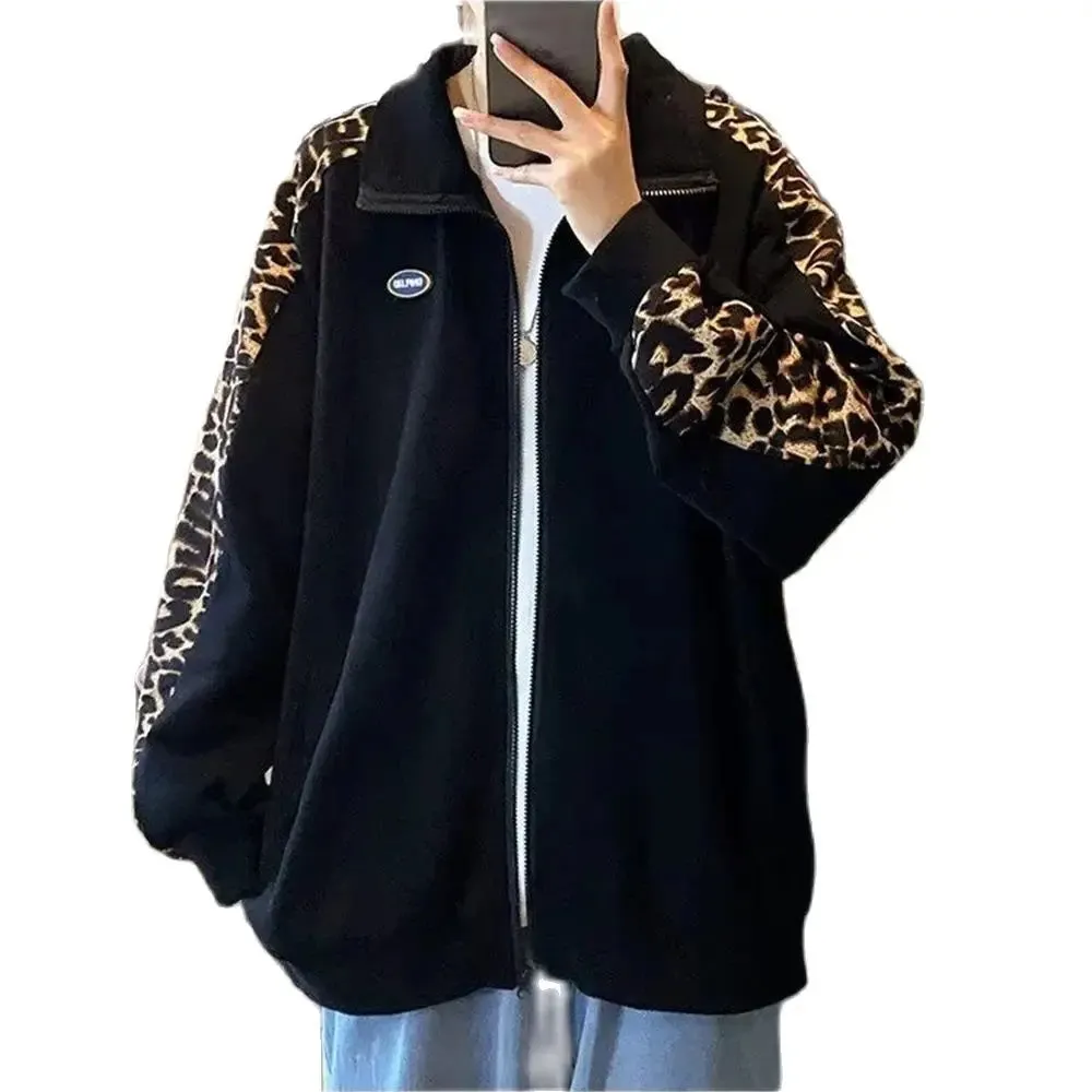 Wiaofellas  -  Jackets, men's leopard print jackets, spring and autumn new American style loose hooded zippered cardigan hoodies